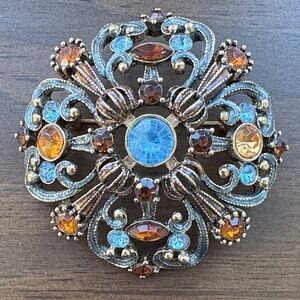 Round Pin/Brooch w/ Blue & Brown Stones